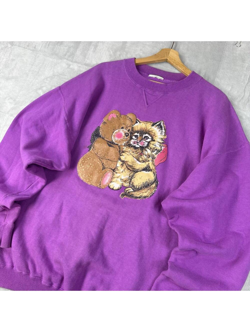 Vintage Teddy Bear Cat Graphic Sweatshirt 1980s Purple Crewneck Cute Wmns Sz L - Picture 9 of 9